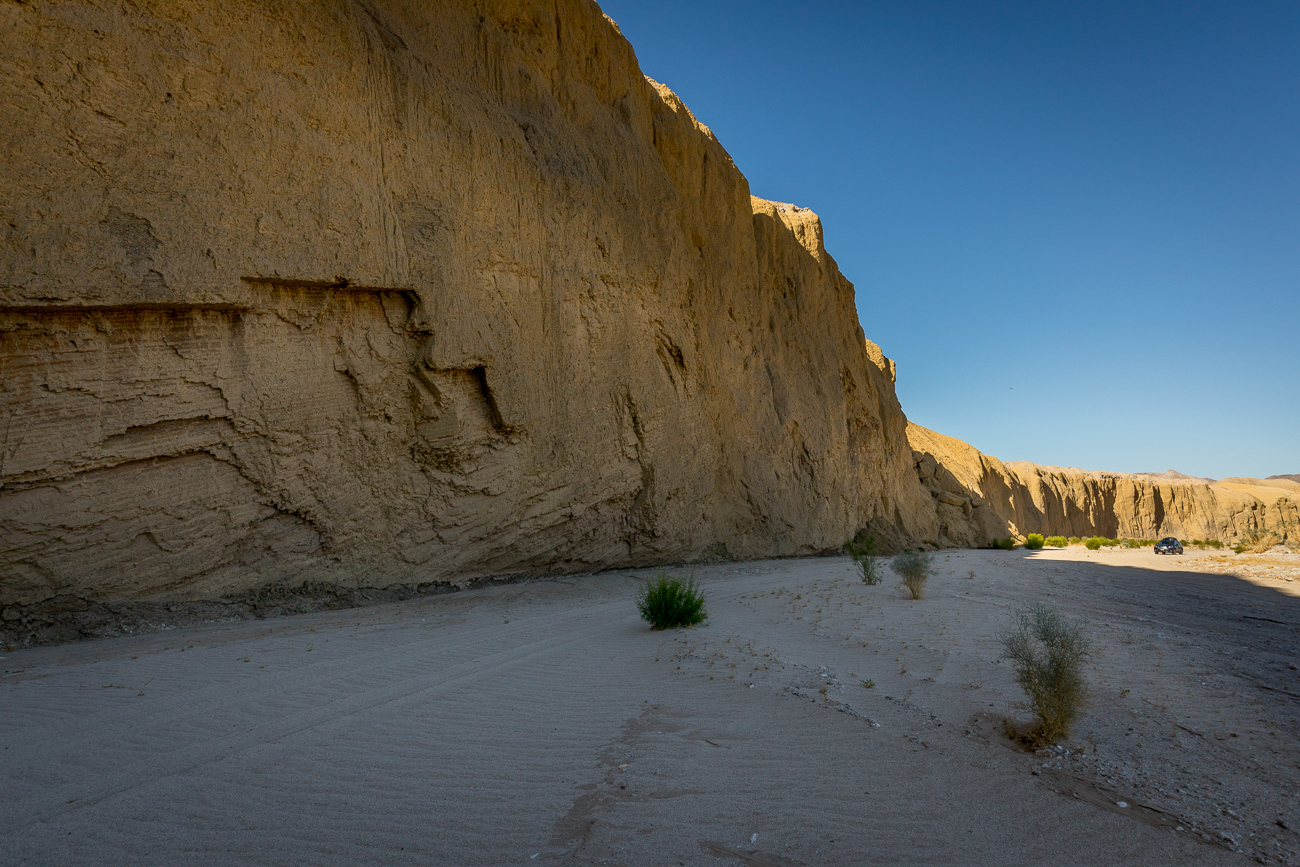 AnzaBorrego; deserts; dry wash; huge cliffs; tiny people; dirt roads; off road; California; San Andreas; Salton Basin
